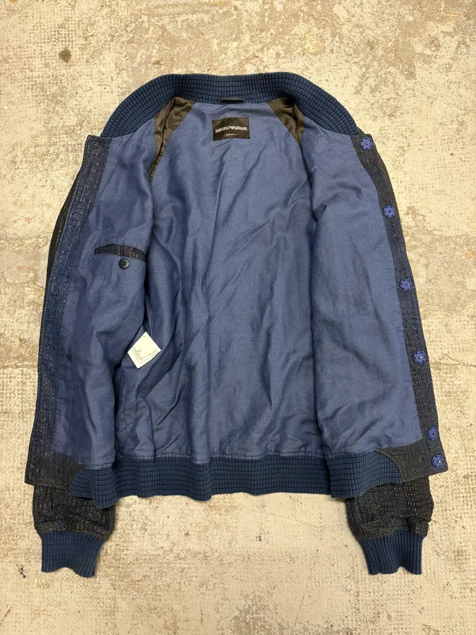 2000s Emporio Armani Perforated Navy Leather Bomber Jacket - Image 7
