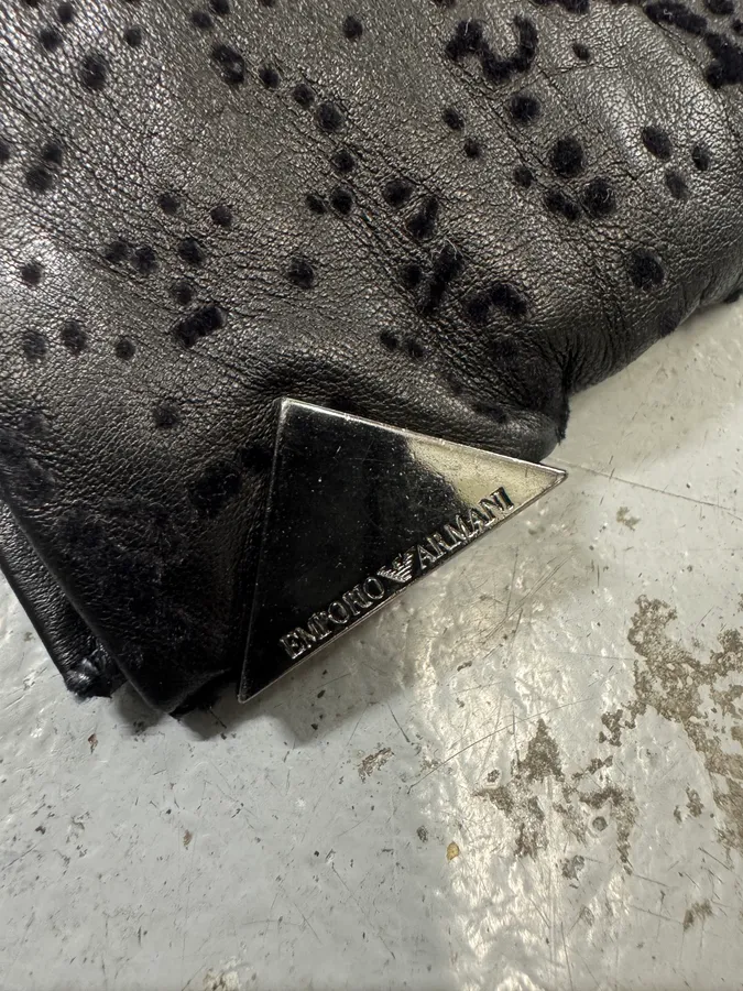 2000s Emporio Armani Velvet Dots Black Leather Gloves - Image 8