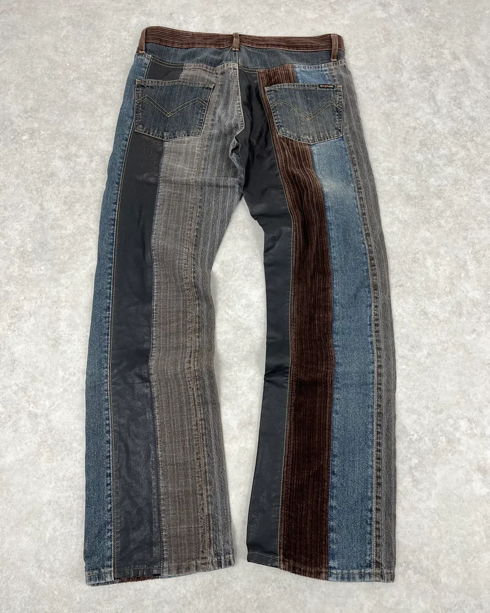 2000s Energie Hybrid Denim & Velvet Blue Brown Pants - Image 7