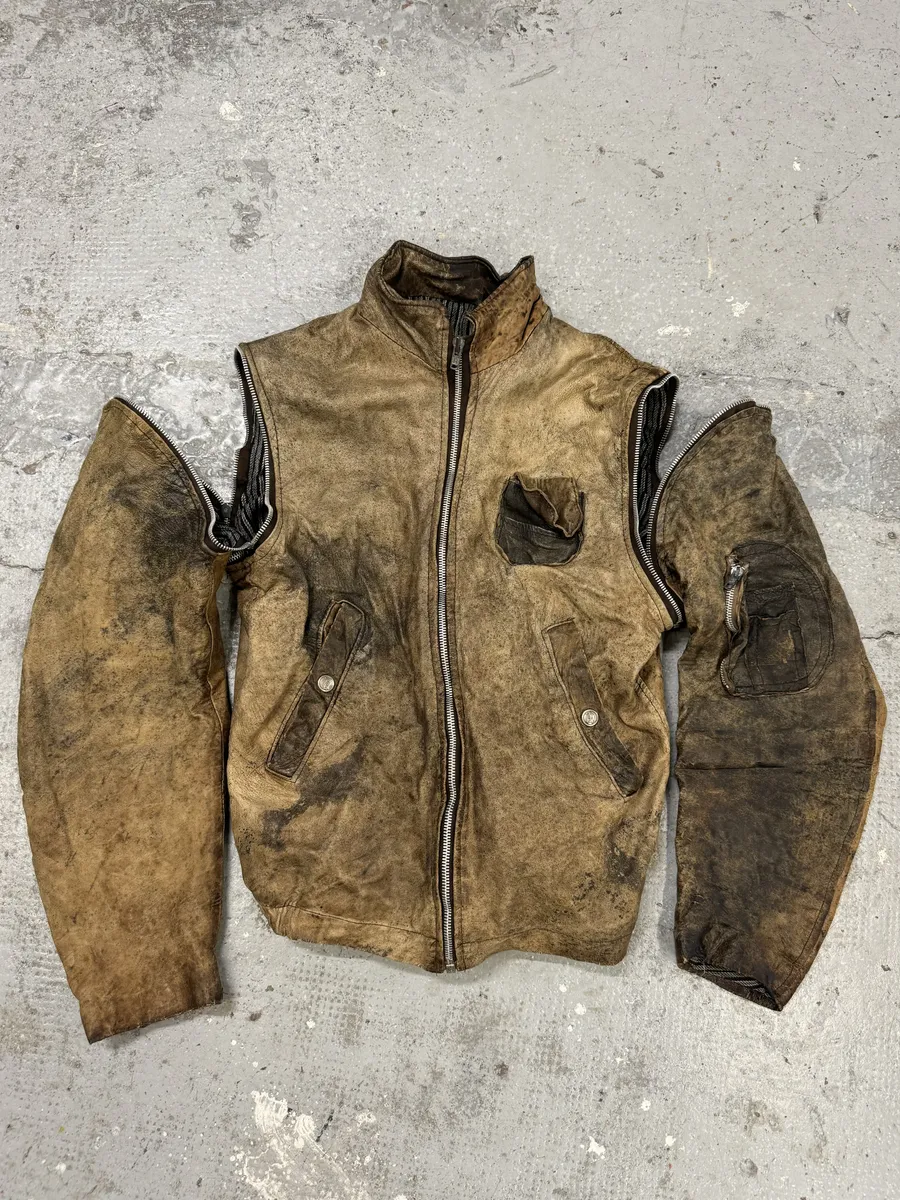 2000s Eroded Brown Archive Leather Jacket with Detachable Sleeves
