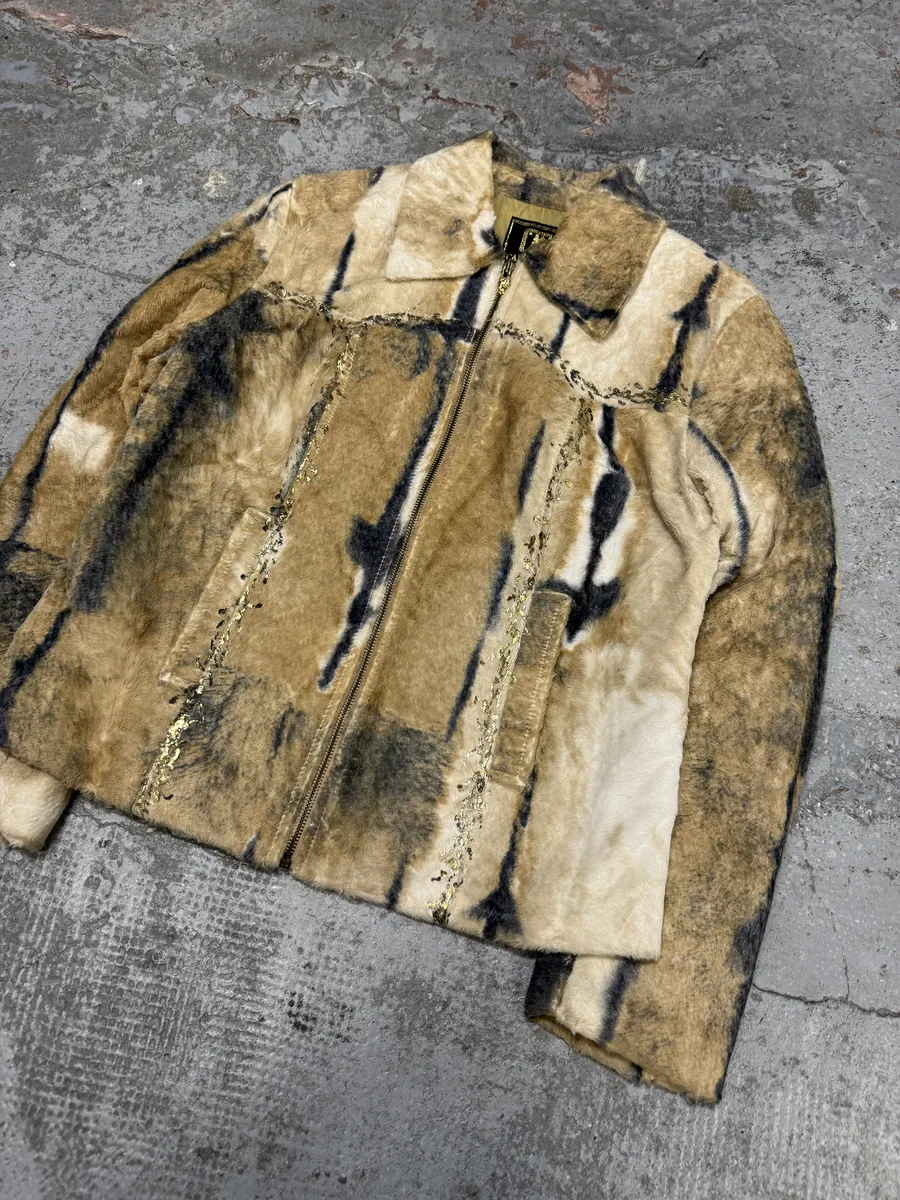 2000s Faux Fur Beige & Blue Irregular Jacket - Image 8