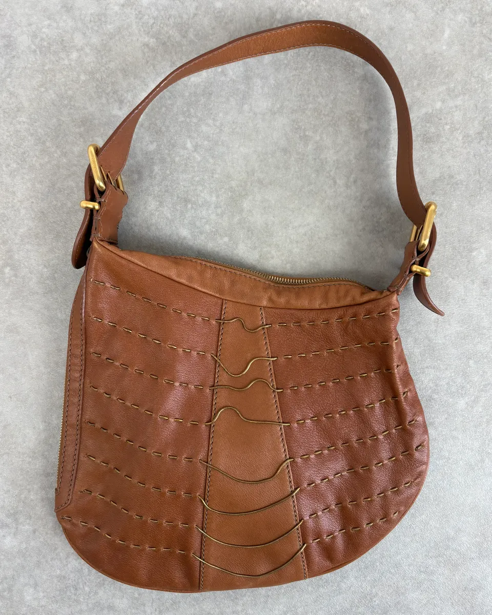 2000s Fendi Brown Leather Scalloped Detail Shoulder Bag