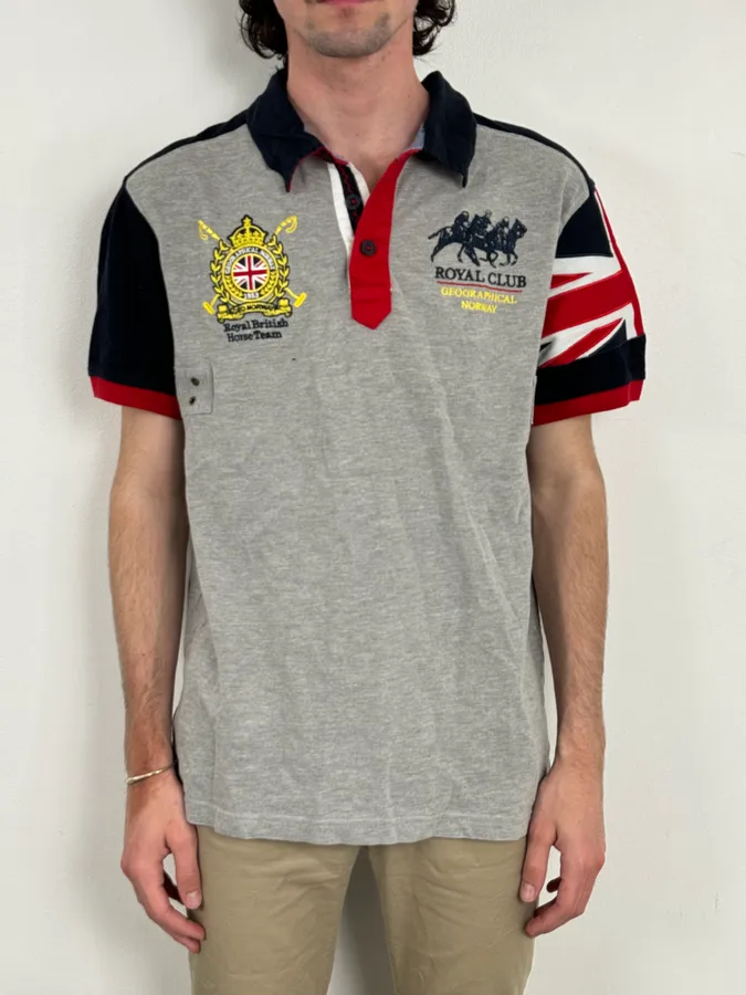 2000s Geographical Norway Grey Embroidered UK Flag Polo - Image 2