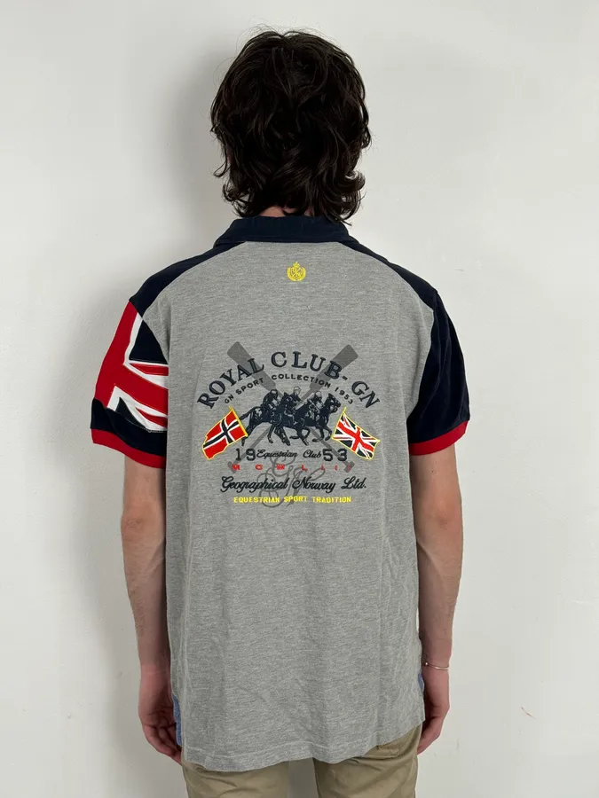 2000s Geographical Norway Grey Embroidered UK Flag Polo - Image 3