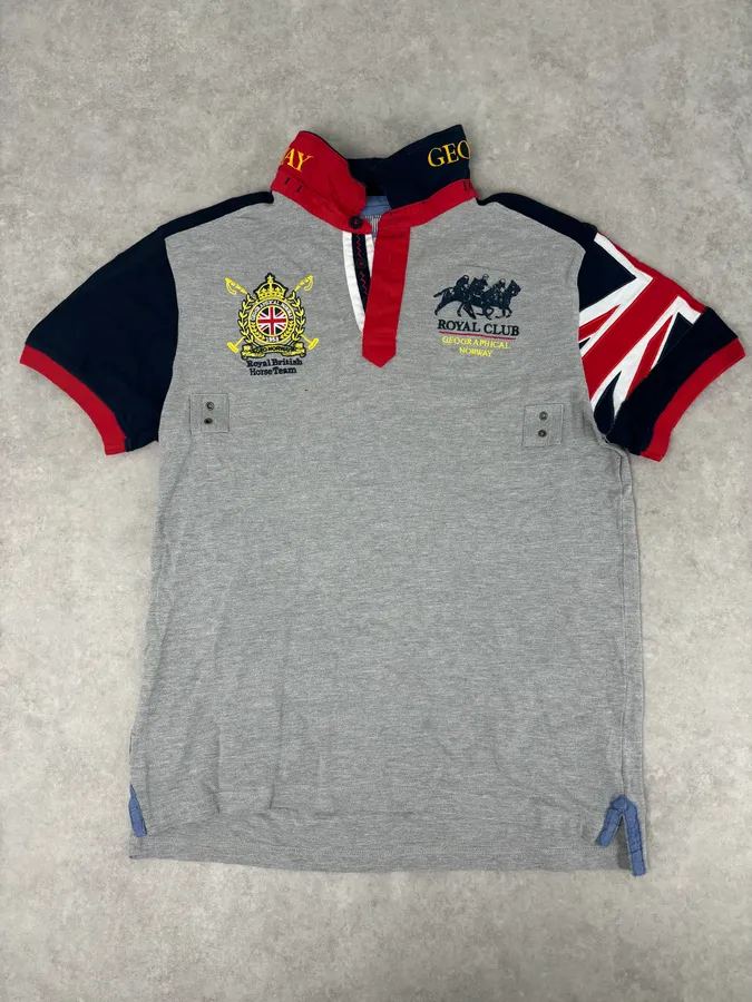 2000s Geographical Norway Grey Embroidered UK Flag Polo - Image 4