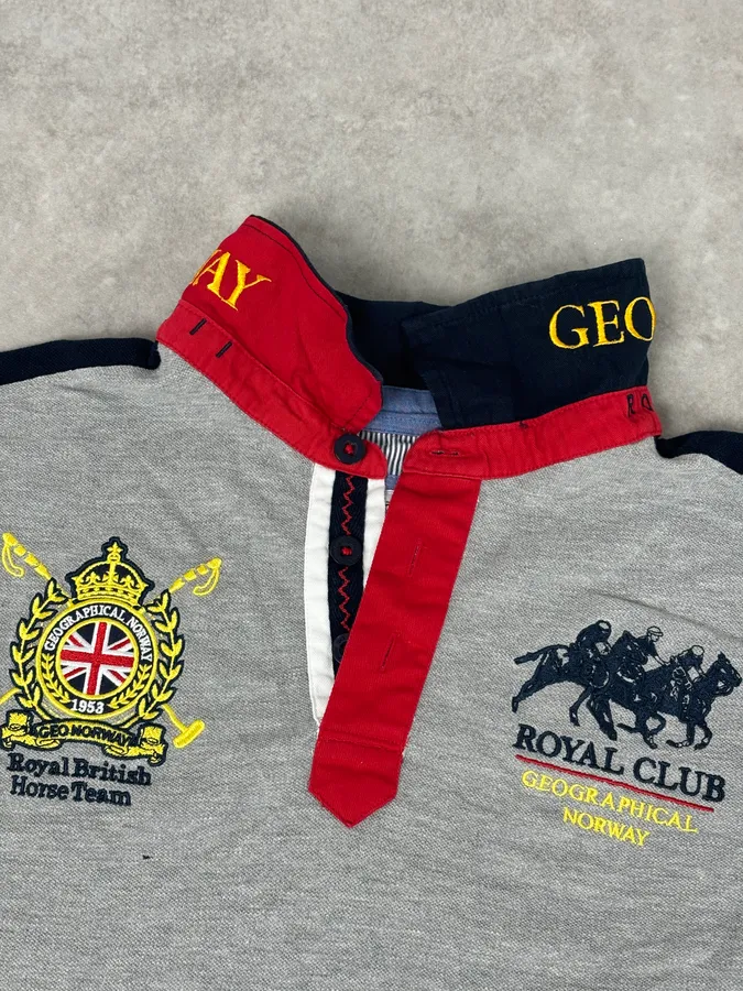 2000s Geographical Norway Grey Embroidered UK Flag Polo - Image 5
