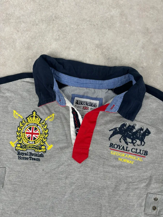 2000s Geographical Norway Grey Embroidered UK Flag Polo - Image 6