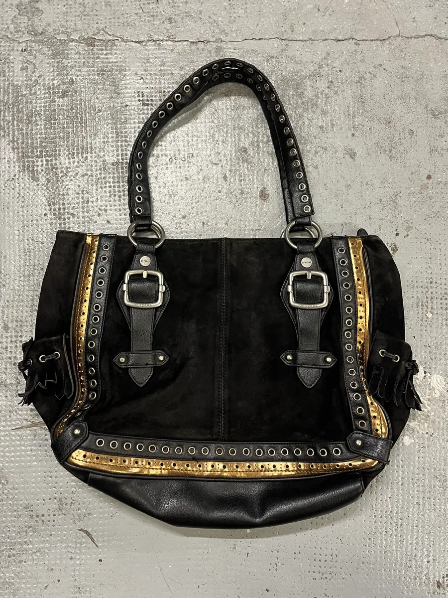 2000s Gianfranco Ferre Black Suede Leather Eyeled Handle Bag