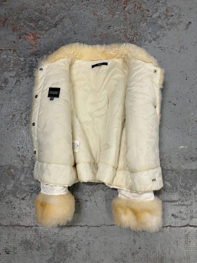 2000s Gianfranco Ferré Cream Faux Fur Collar Puffer Jacket - Image 7