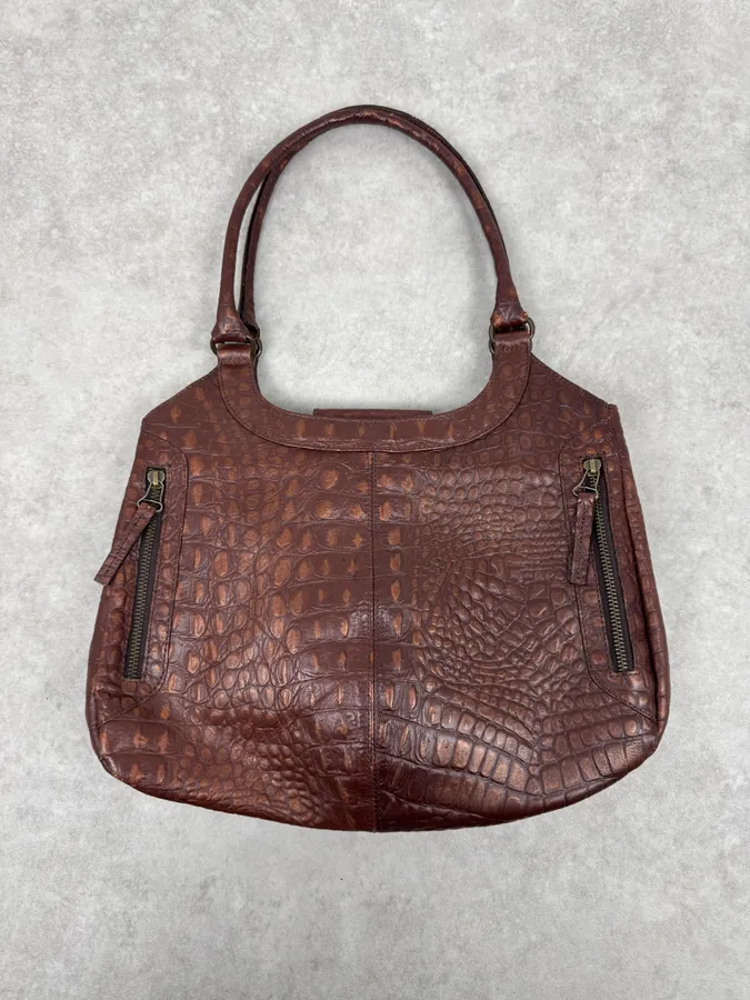 2000s Gianfranco Ferré Crocodile Embossed Brown Leather Handle Bag
