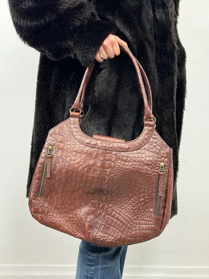 2000s Gianfranco Ferré Crocodile Embossed Brown Leather Handle Bag - Image 2