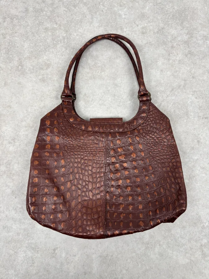 2000s Gianfranco Ferré Crocodile Embossed Brown Leather Handle Bag - Image 3