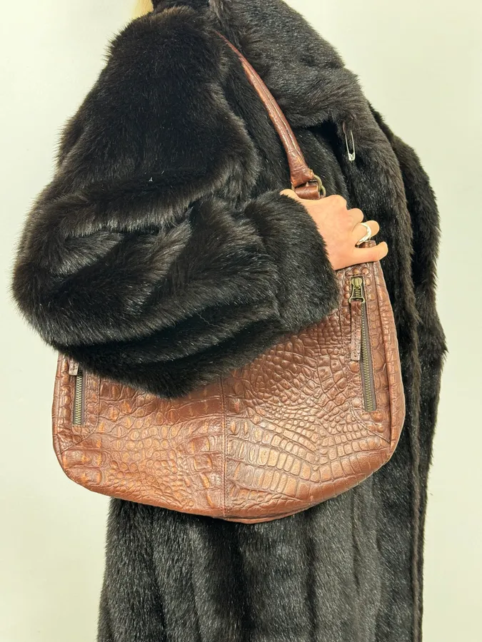 2000s Gianfranco Ferré Crocodile Embossed Brown Leather Handle Bag - Image 4
