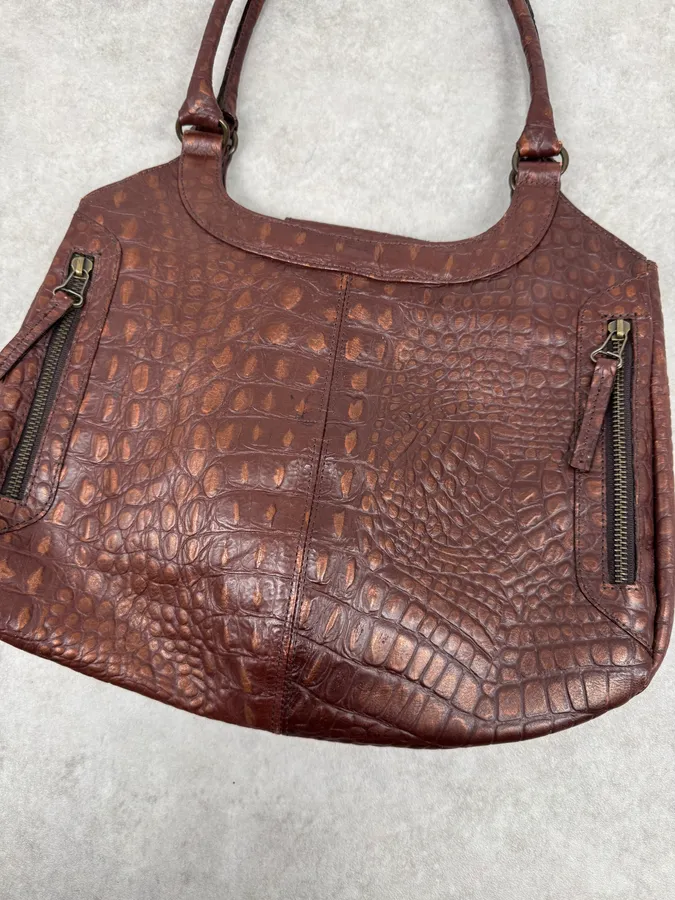 2000s Gianfranco Ferré Crocodile Embossed Brown Leather Handle Bag - Image 6