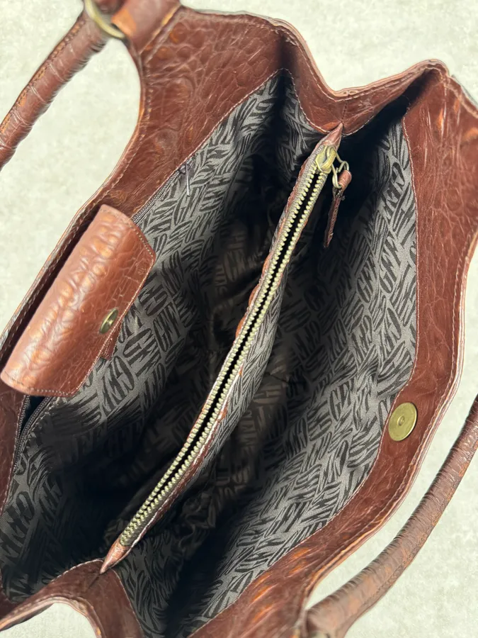 2000s Gianfranco Ferré Crocodile Embossed Brown Leather Handle Bag - Image 7