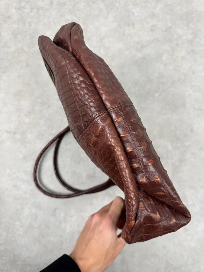 2000s Gianfranco Ferré Crocodile Embossed Brown Leather Handle Bag - Image 8