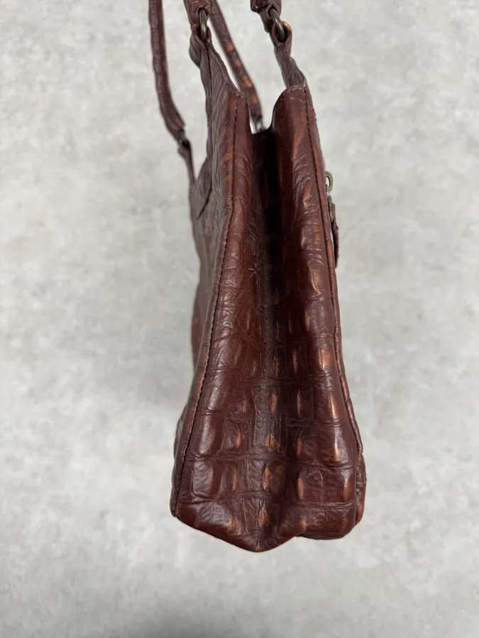 2000s Gianfranco Ferré Crocodile Embossed Brown Leather Handle Bag - Image 9