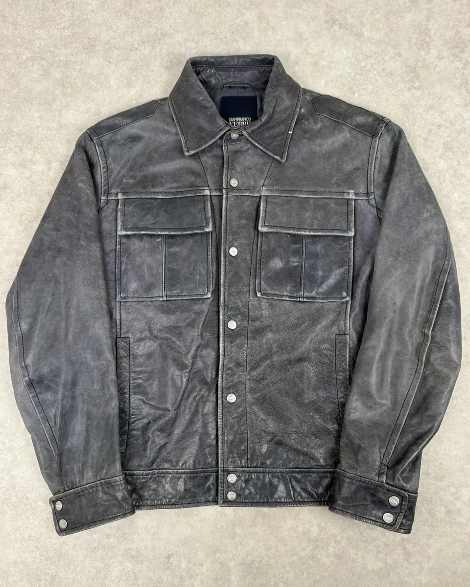 2000s Gianfranco Ferré Grey Leather Trucker Jacket