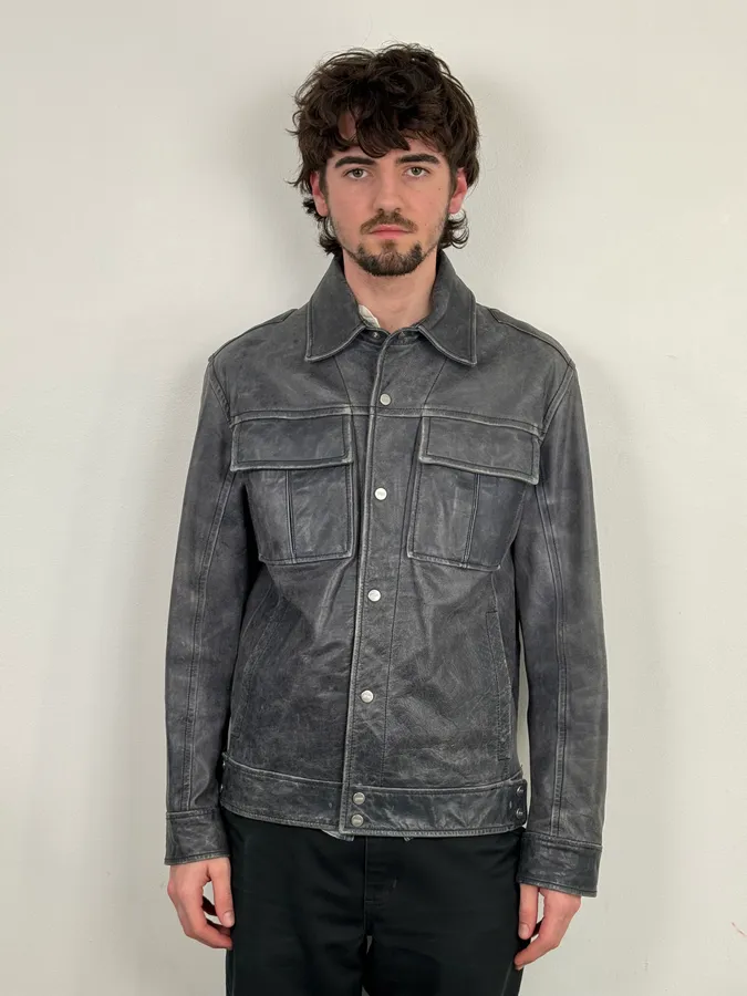 2000s Gianfranco Ferré Grey Leather Trucker Jacket - Image 2