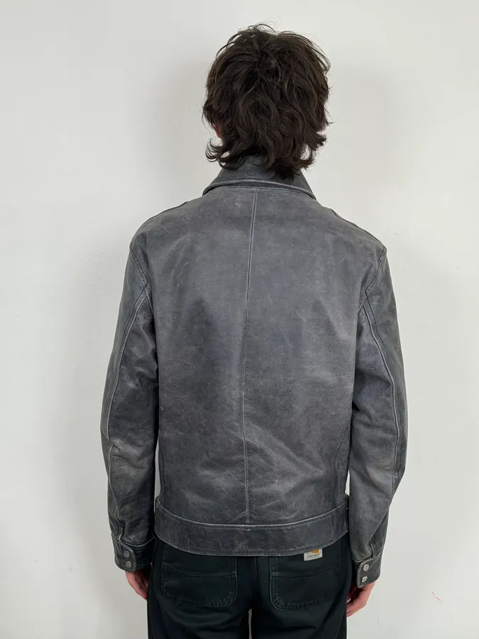2000s Gianfranco Ferré Grey Leather Trucker Jacket - Image 3