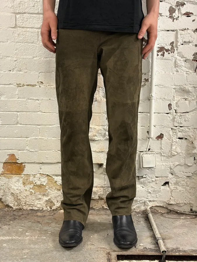 2000s Gianfranco Ferré Khaki Suede Leather Pants - Image 2