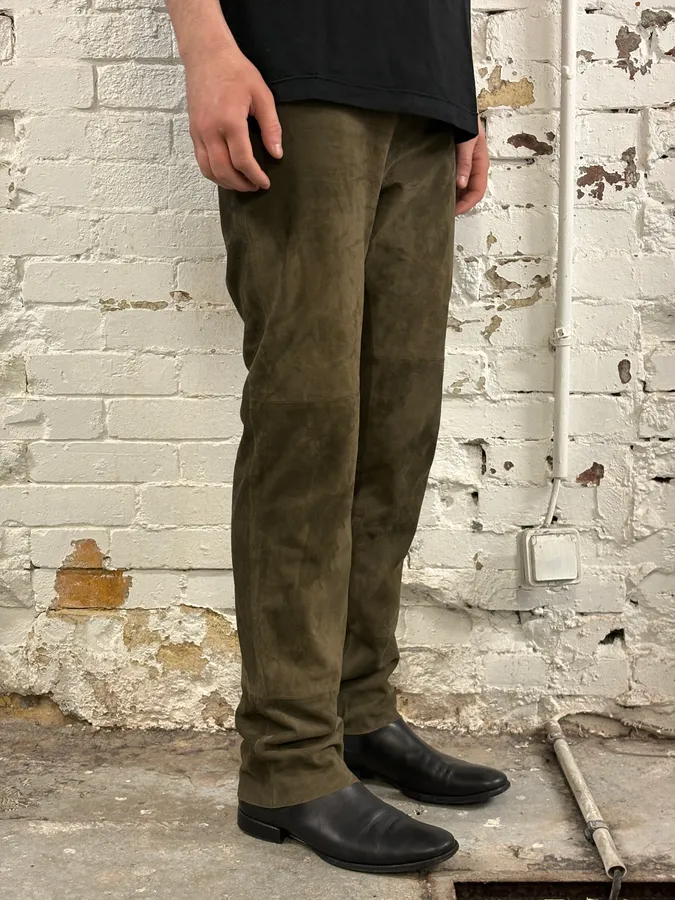 2000s Gianfranco Ferré Khaki Suede Leather Pants - Image 3