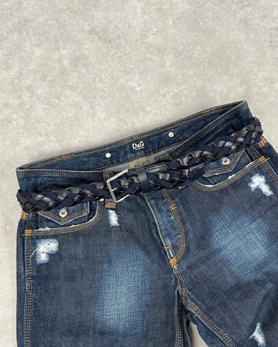 2000s Giorgio Armani Black Leather & Navy Woven Belt