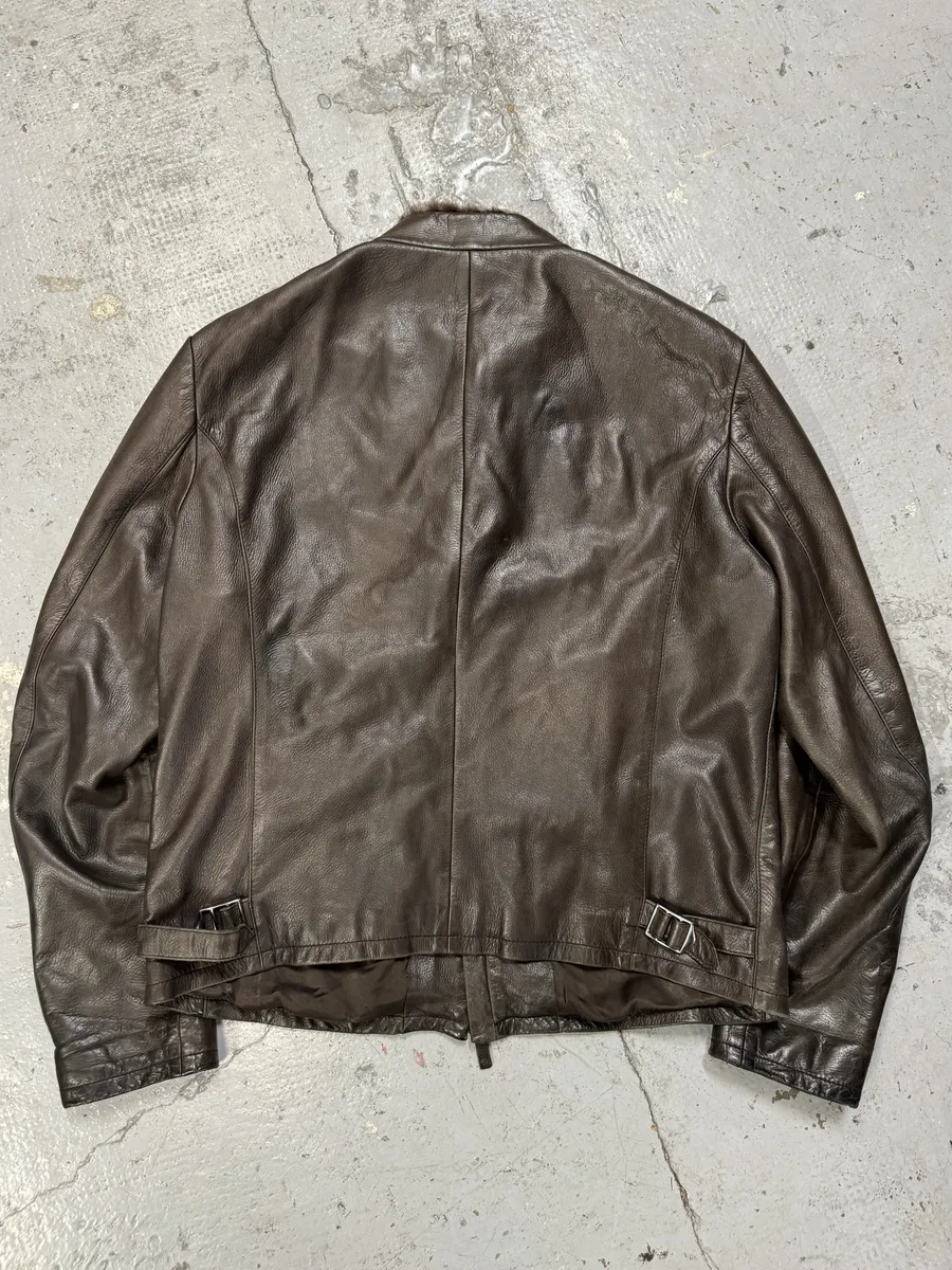 2000s Giorgio Armani Fur Collar Brown Leather Jacket - Image 2
