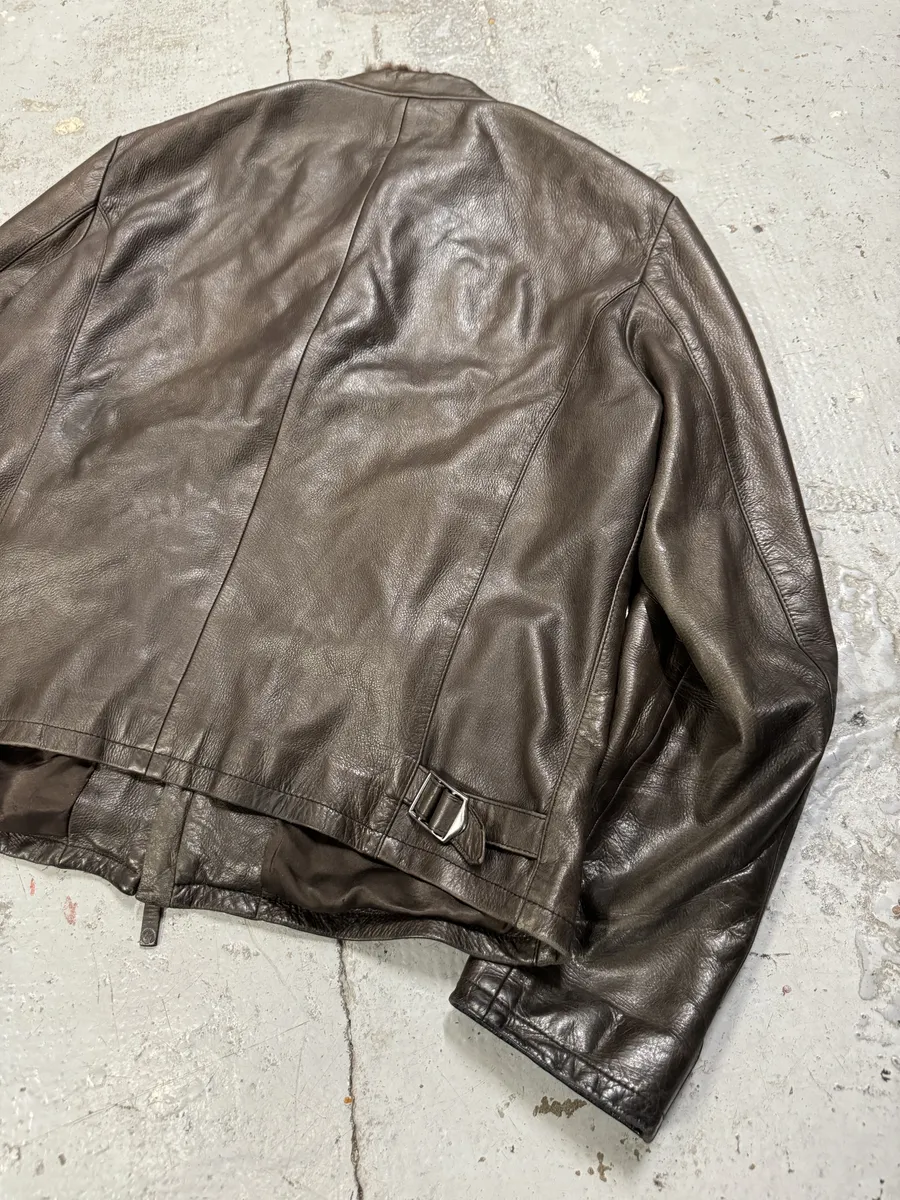 2000s Giorgio Armani Fur Collar Brown Leather Jacket - Image 6