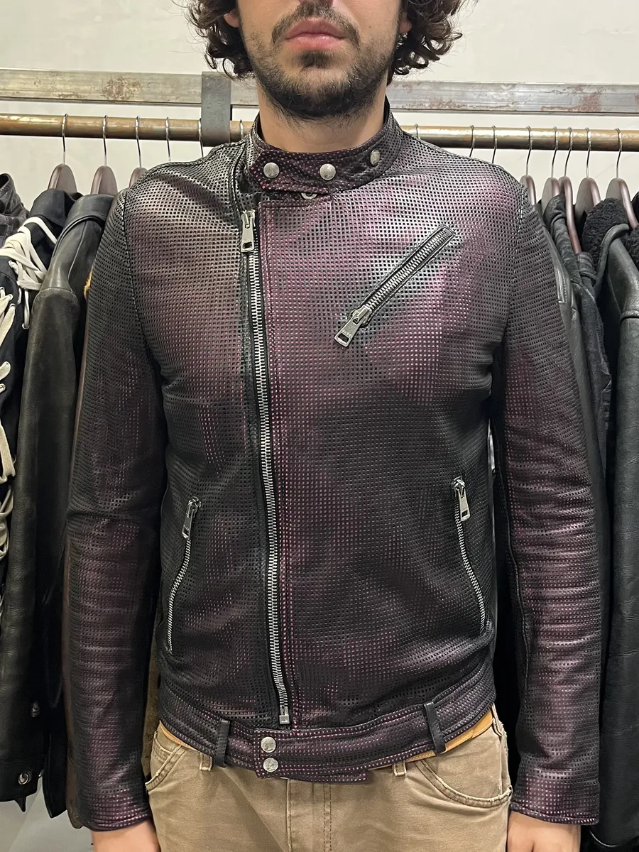2000s Gucci Asymmetrical Perfored Biker Black & Pink Leather Jacket - Image 2