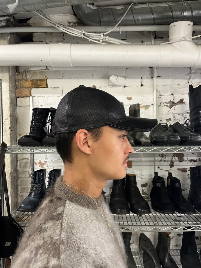 2000s Gucci Black Leather Perfored Cap - Image 2