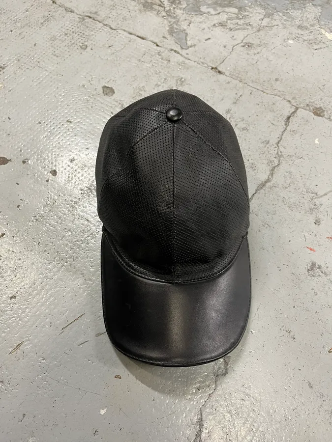 2000s Gucci Black Leather Perfored Cap - Image 4