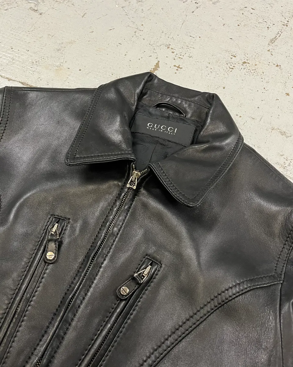 2000s Gucci Black Premium Biker Leather Jacket - Image 5