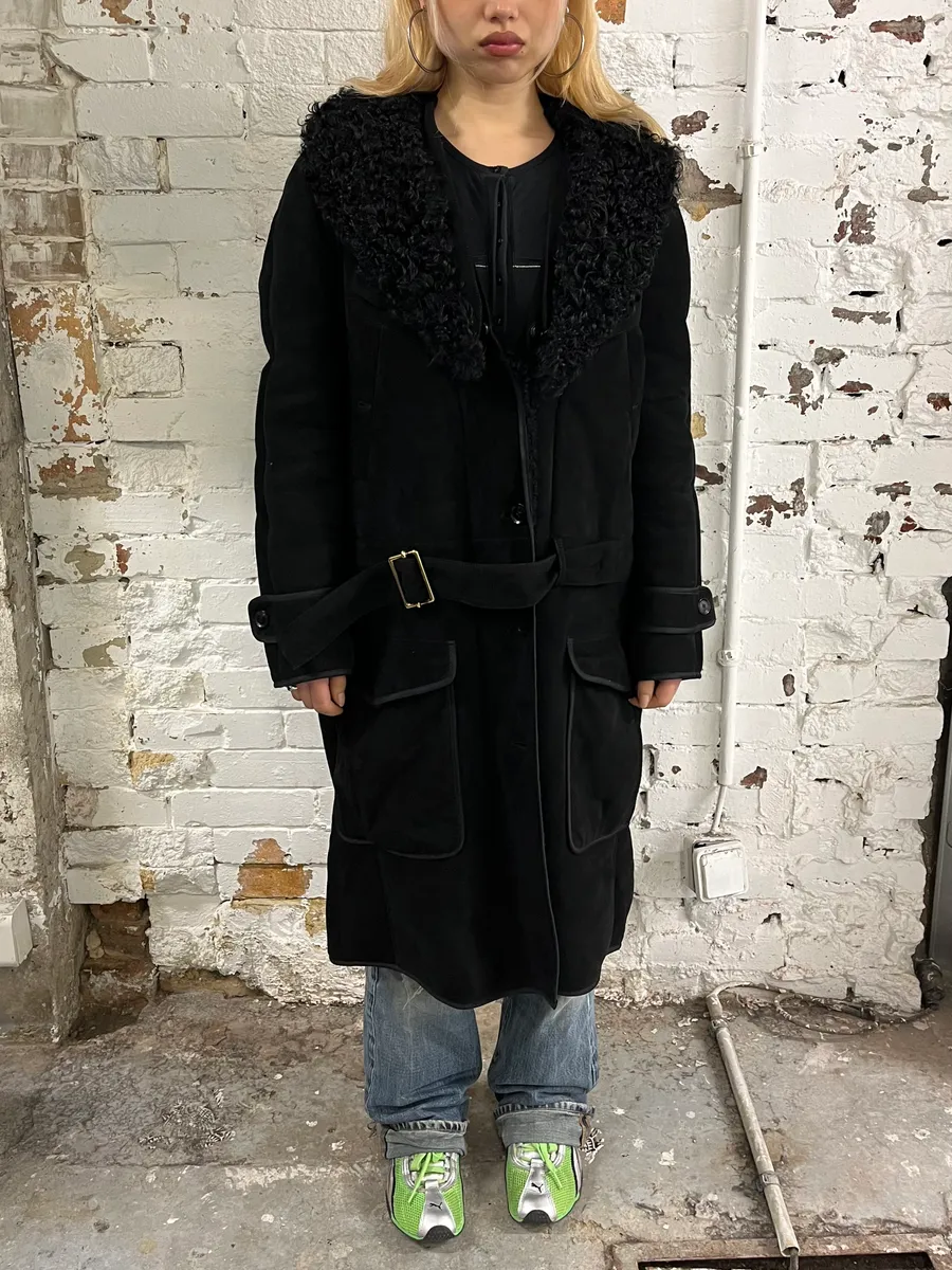 2000s Gucci Black Shearling Leather Belted Trench Coat - Image 2
