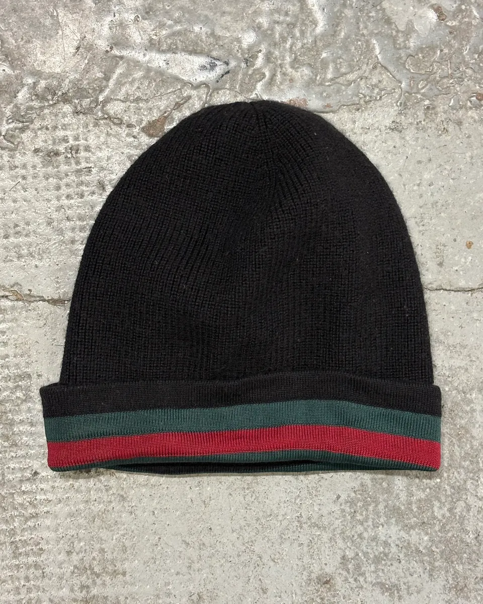 2000s Gucci Black Wool Striped Beanie