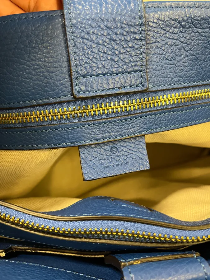 2000s Gucci Blue Leather Bamboo Handle Tote Bag - Image 13