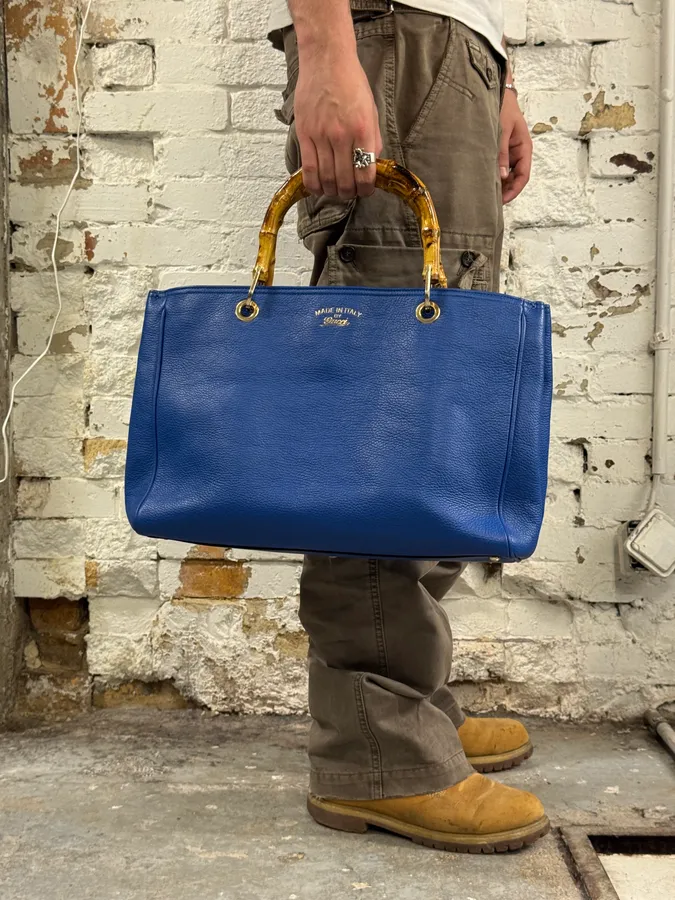 2000s Gucci Blue Leather Bamboo Handle Tote Bag - Image 2