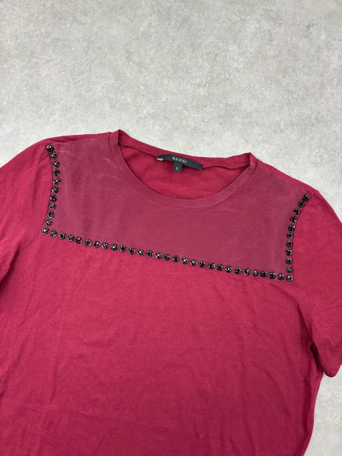 2000s Gucci Bordeaux Studded Two Tone Bordeaux T-Shirt - Image 4