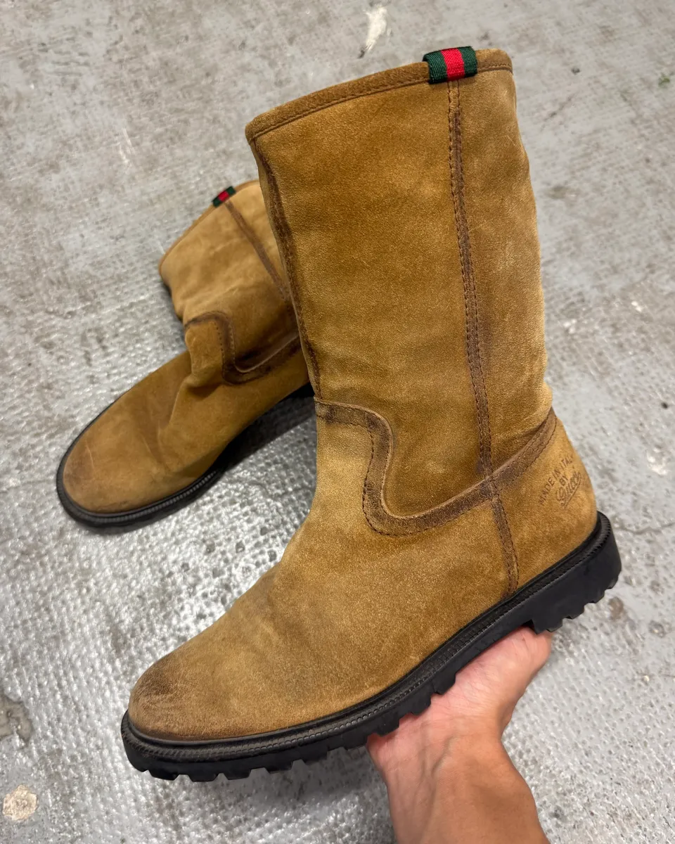 2000s Gucci Brown Ankle Fur Suede Leather Boots