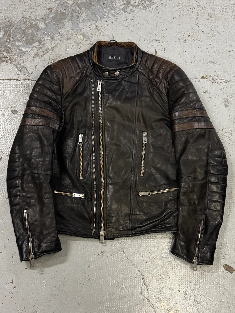 2000s Gucci Brown Asymmetrical Zip Biker Leather Jacket