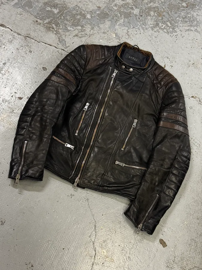 2000s Gucci Brown Asymmetrical Zip Biker Leather Jacket - Image 5