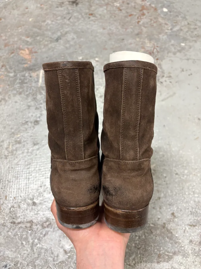 2000s Gucci Brown Biker Buckles Ankle Eroded Suede Leather Boots - Image 7