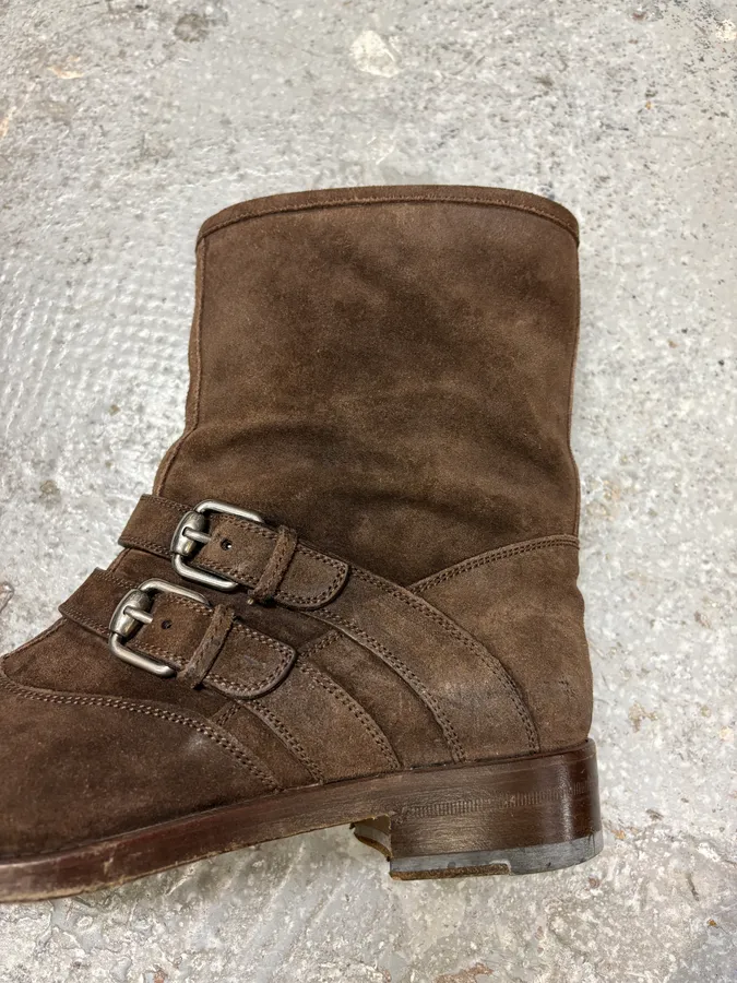 2000s Gucci Brown Biker Buckles Ankle Eroded Suede Leather Boots - Image 8