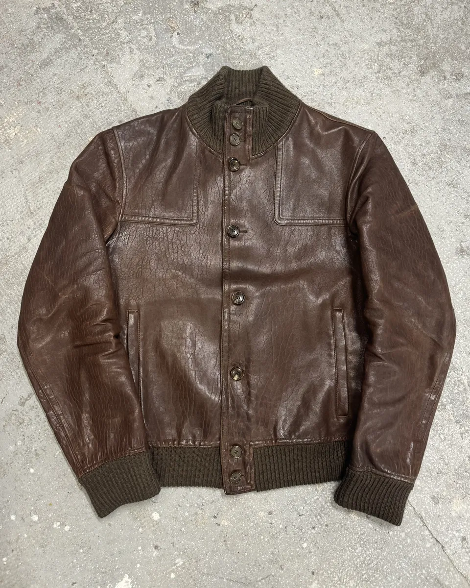 2000s Gucci Brown Buttoned Minimalistic Leather Jacket