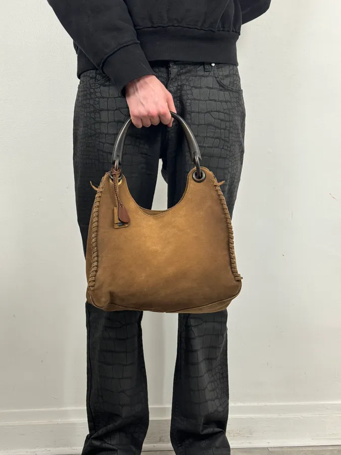 2000s Gucci Brown Gradient Suede Leather Handle Bag - Image 3