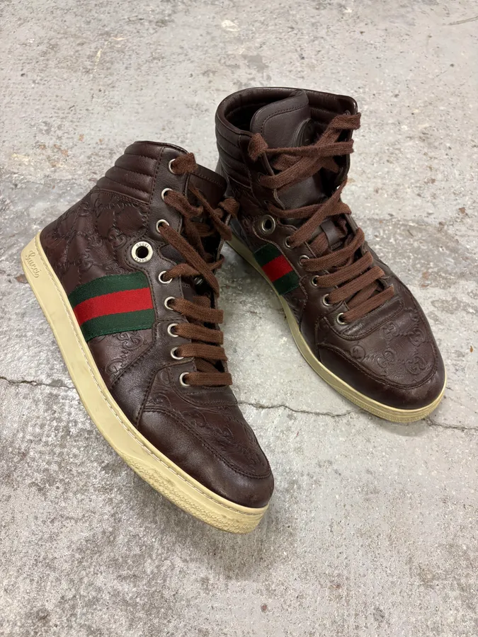 2000s Gucci Brown Monogram Italian Leather High Sneakers - Image 5