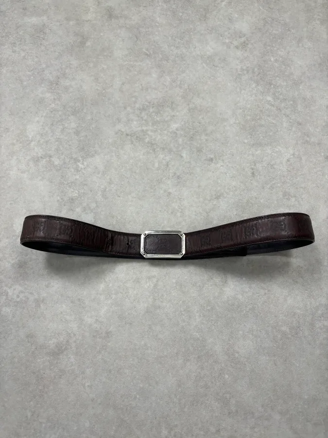 2000s Gucci Brown Monogram Leather Belt GG Buckle - Image 4