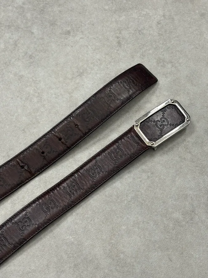 2000s Gucci Brown Monogram Leather Belt GG Buckle - Image 5