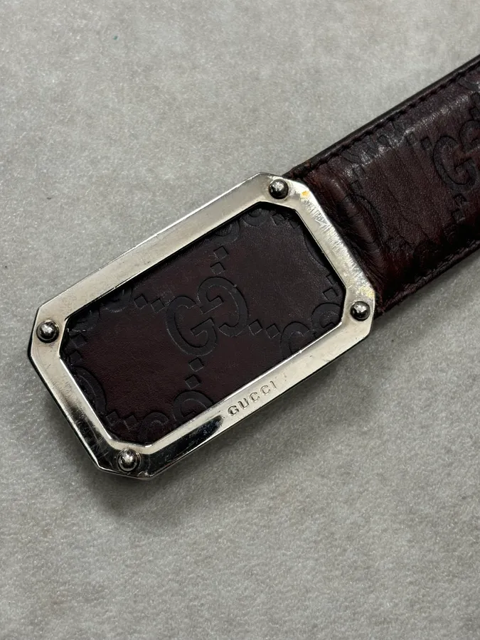 2000s Gucci Brown Monogram Leather Belt GG Buckle - Image 7