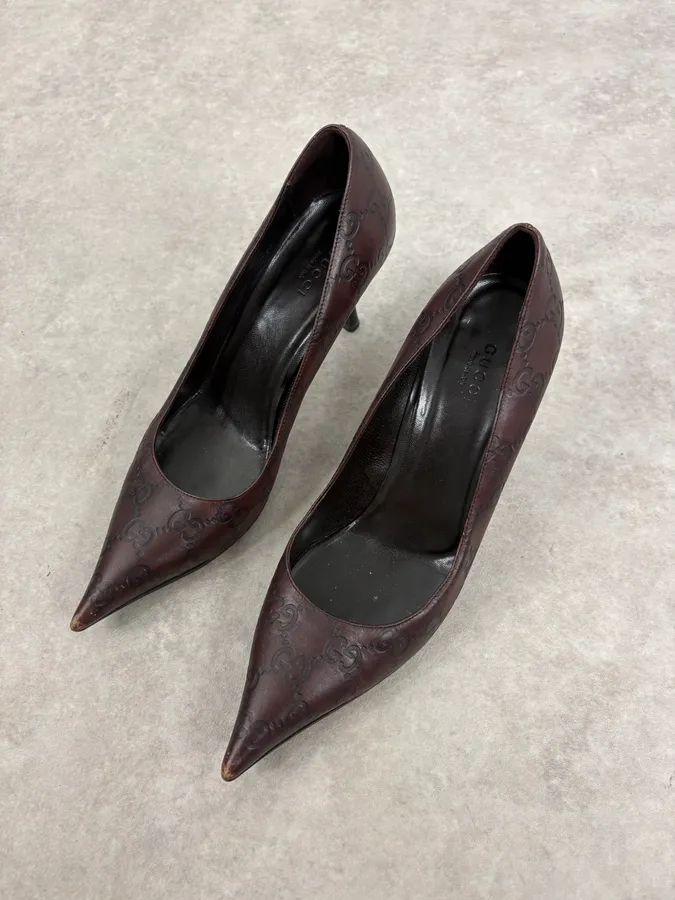 2000s Gucci Brown Monogram Leather Heels - Image 3